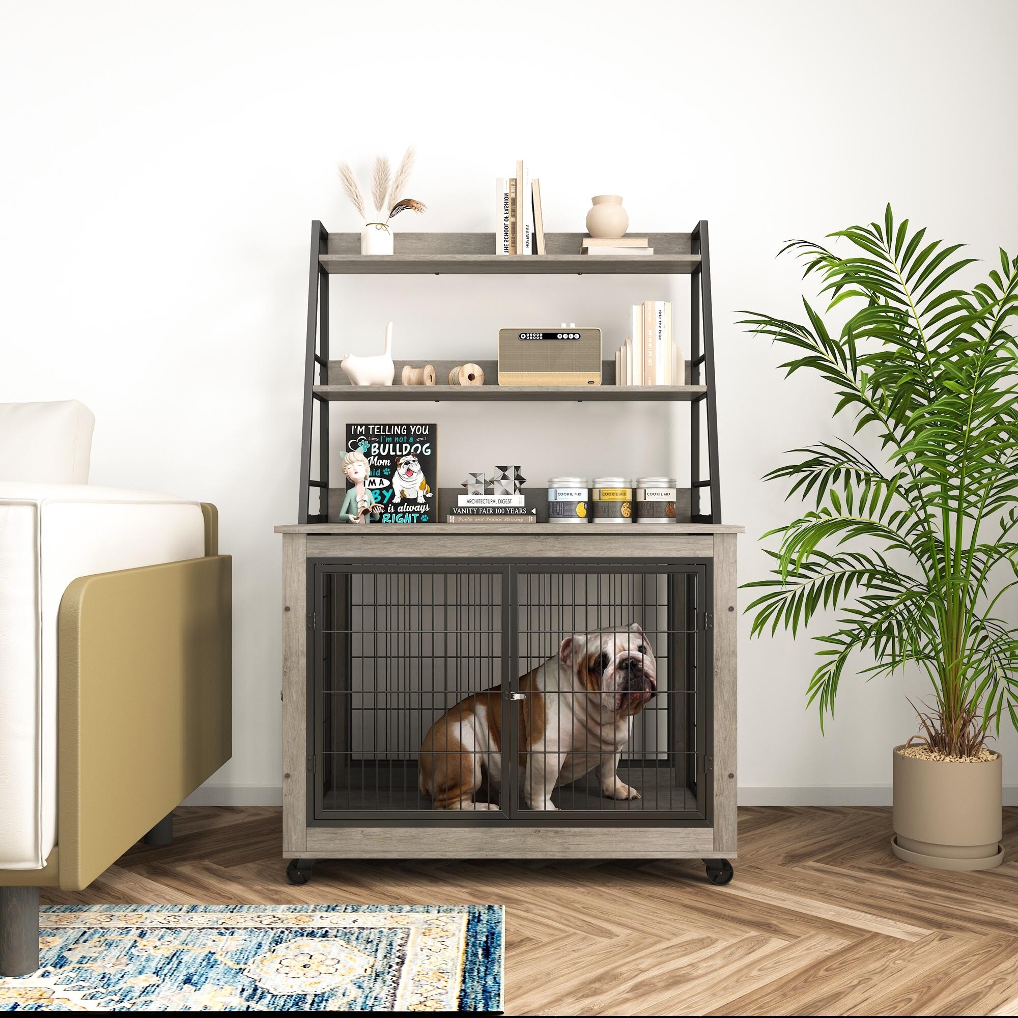 Furniture Style Wooden Dog Crate/Side Table with 3-tier Open Shelf,Equipped with Double Doors and A Raised Roof Grey