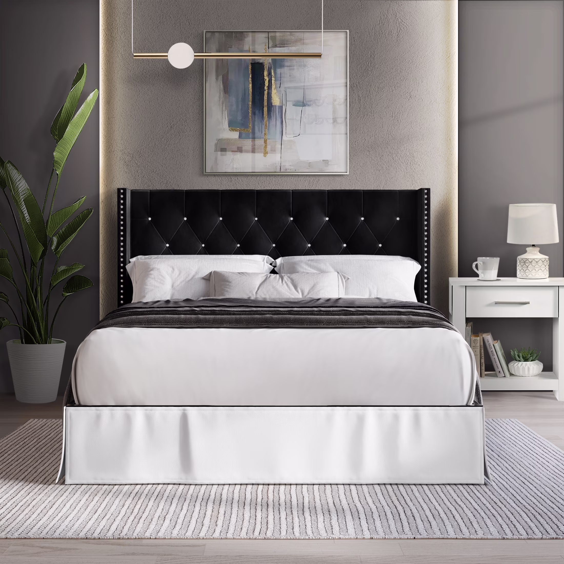 Castle Place Button Tufted Wingback Velvet Upholstered Bed with 2 Nightstands, Black, King