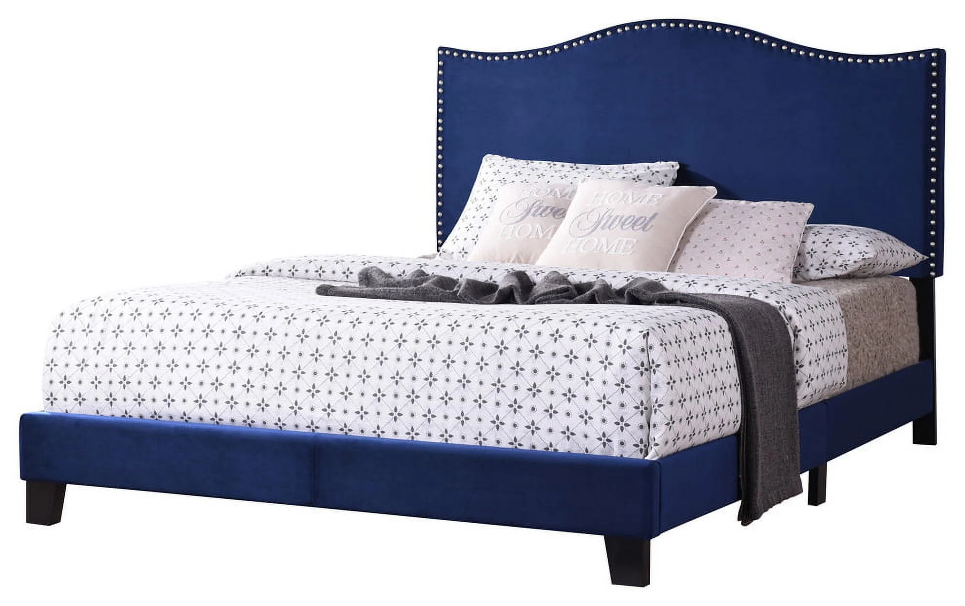 Skye Upholstered Panel Bed, Blue Velvet, Full, With Solid Wood Legs, Nailhead Headboard, Footboard, Rails, Slats