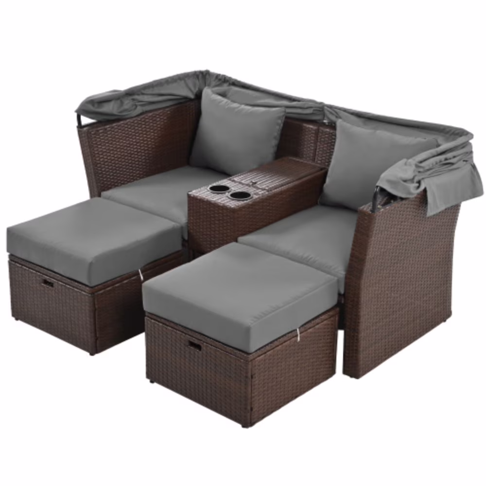 2-Seater Outdoor Patio Daybed Outdoor Double Daybed Outdoor Loveseat Sofa Set with Foldable Awning and Cushions for Garden, Balcony, Poolside  Grey + Rattan+Waterproof Fabric+Metal + Foam