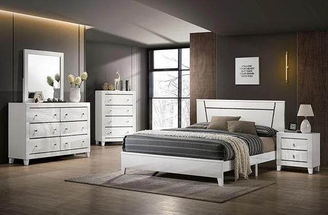 Contemporary White Solid Wood Queen Bedroom Set 6pcs FOA FOA7038WH Magdeburg