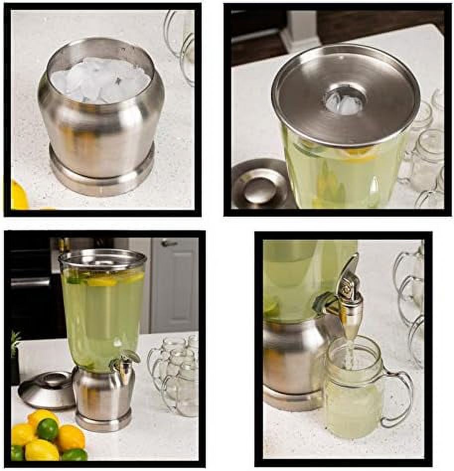 SPBOOMlife 5 Gallon Stainless Steel Beverage Dispenser with Ice Container  Spigot - Round - Lemonade Sangria Tea Water Drink Jar Jug - Home Parties - BPA Free Clear Acrylic
