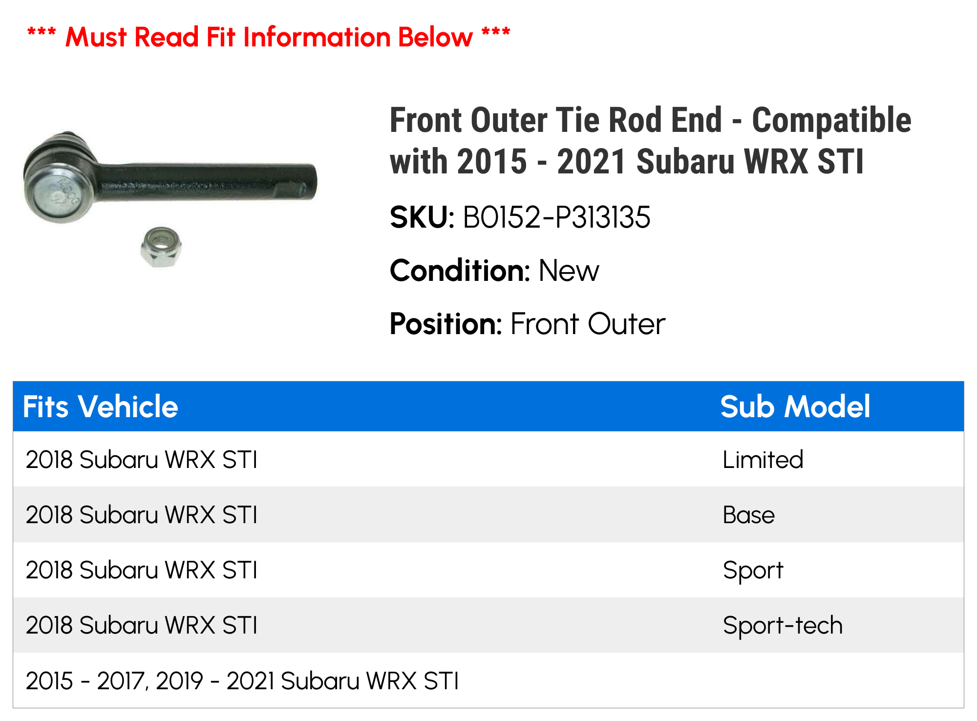 Front Outer Tie Rod End - Compatible with 2015 - 2021 Subaru WRX STI 2016 2017 2018 2019 2020