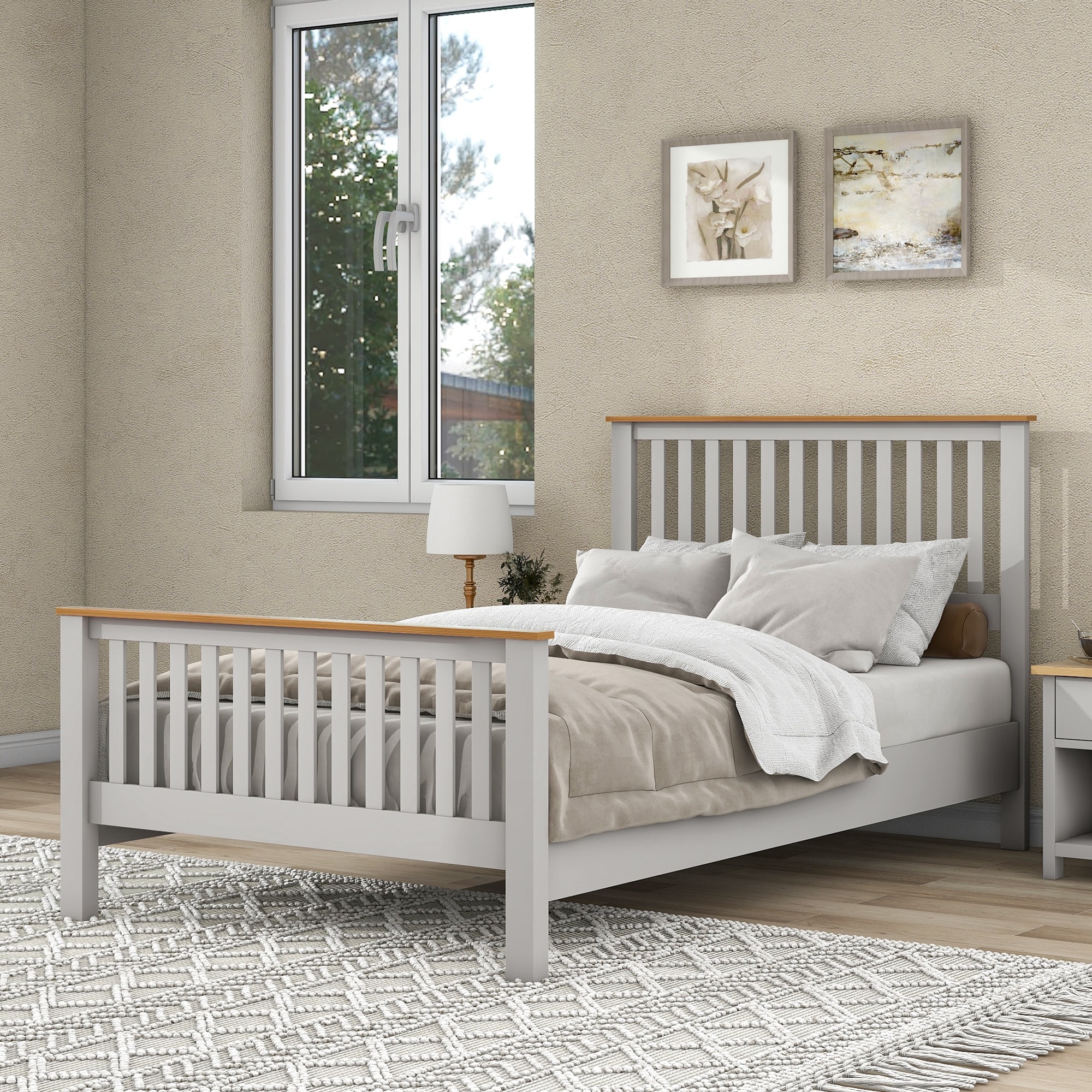 Country Wood Platform Bed with Headboard & Footboard, Solid Wood Single Bed Frame with Wood Slat Support for Kids Teens Adults Grey - Full