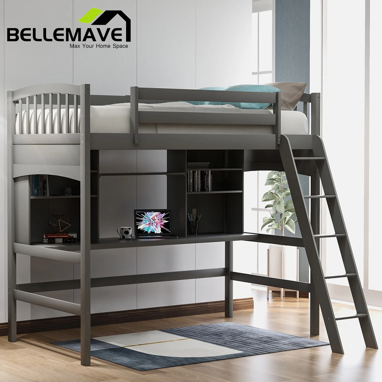 Bellemave Gray Twin Size Kids Loft Bed with Shelves and Desk for Bedroom, Wood Loft Bed Twin Size with Desk, Bookshelves and Inclined Ladder for Kids Teen