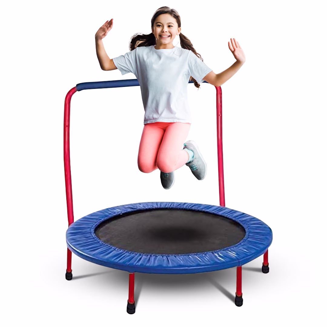 Gymenist Toddler 36 Inch Kid Round Trampoline With Kids Handle Bar Can Be Folded for Storage or Travel Jumping Trampolines Blue Yellow Colored