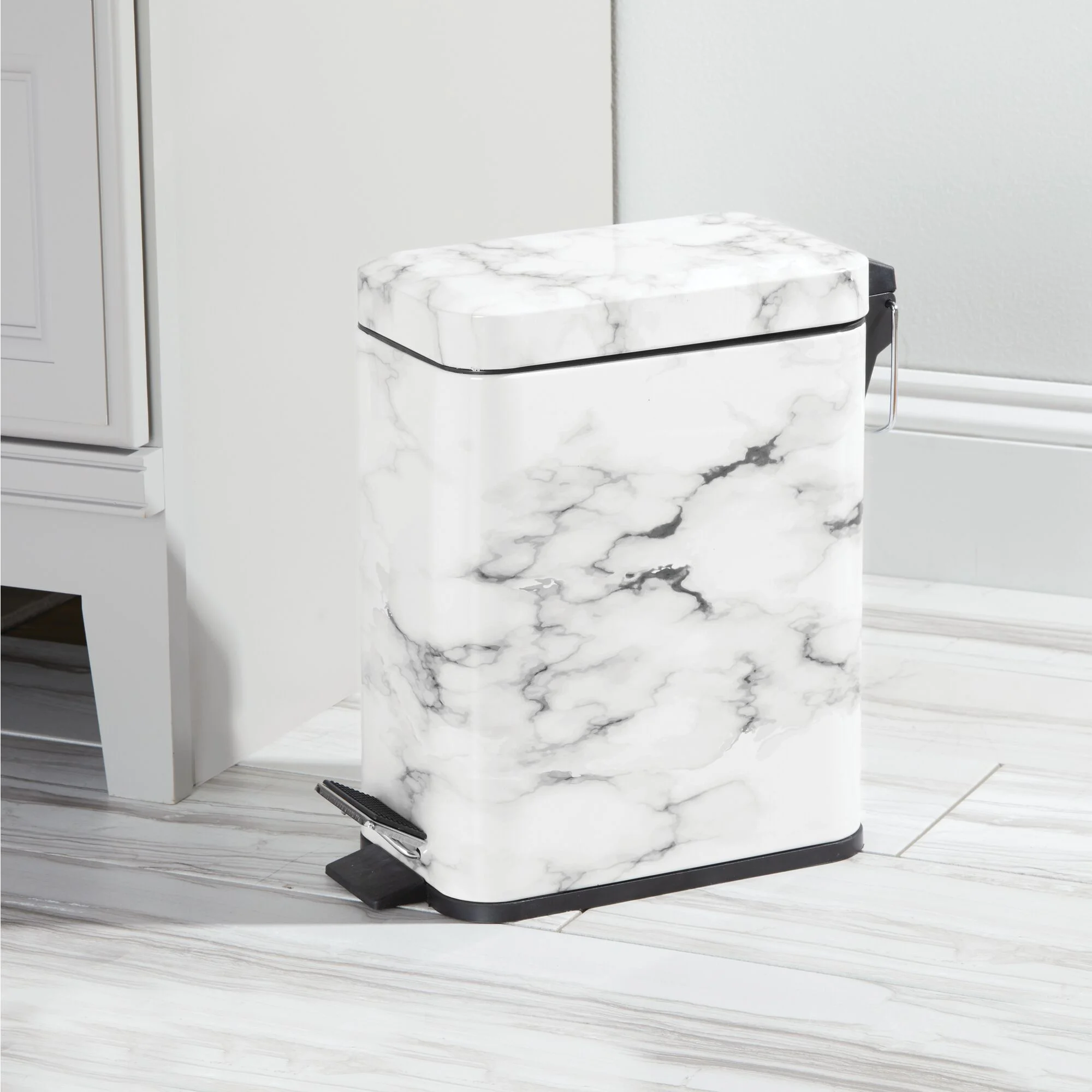mDesign  1.3 Gallon Rectangle Metal Step Can, Liner/Handle, White Marble