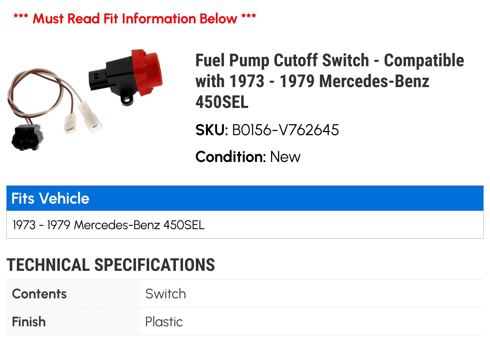 Fuel Pump Cutoff Switch - Compatible with 1973 - 1979 Mercedes-Benz 450SEL 1974 1975 1976 1977 1978