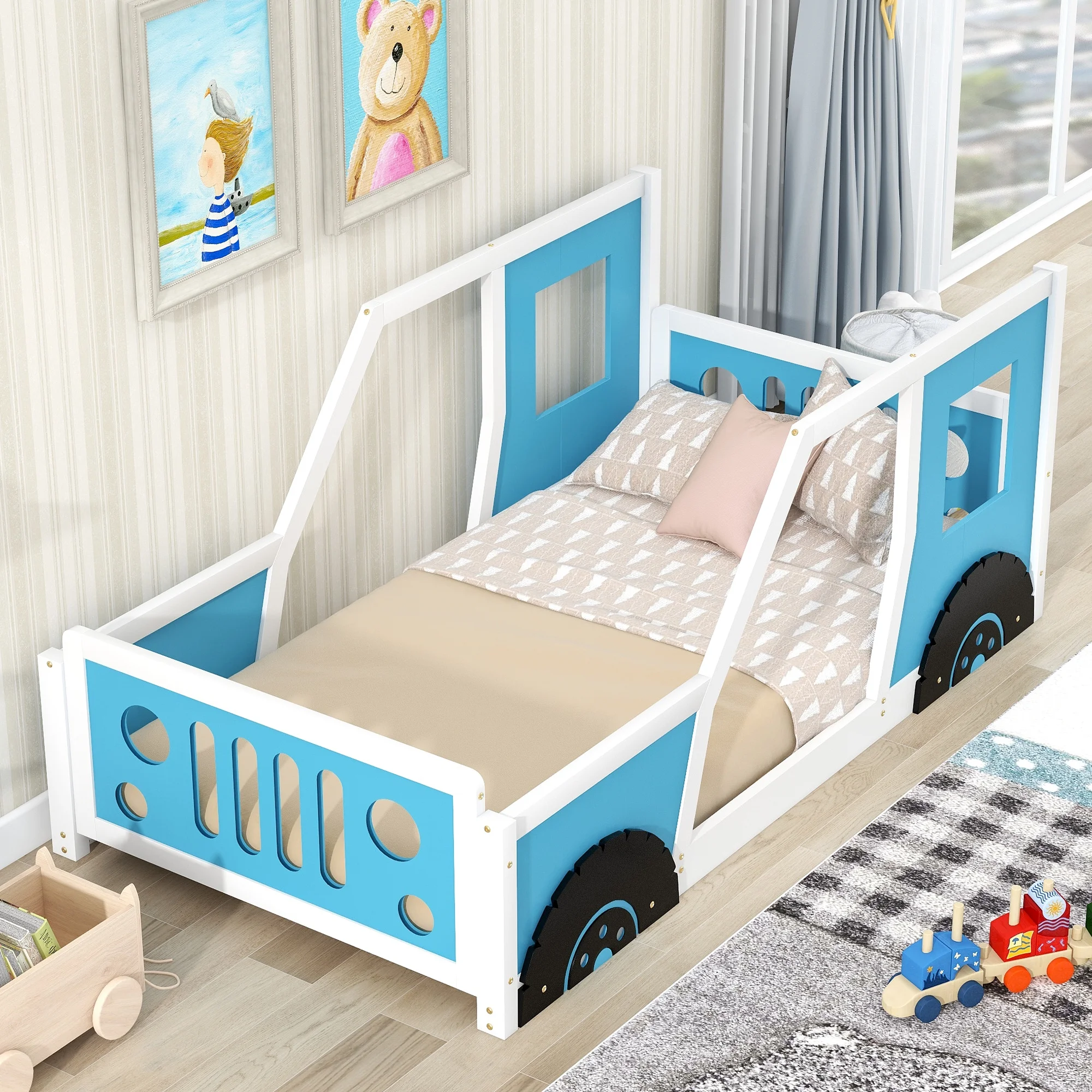 CoSoTower Twin Size Classic Car-Shaped Platform Bed with Wheels, Blue
