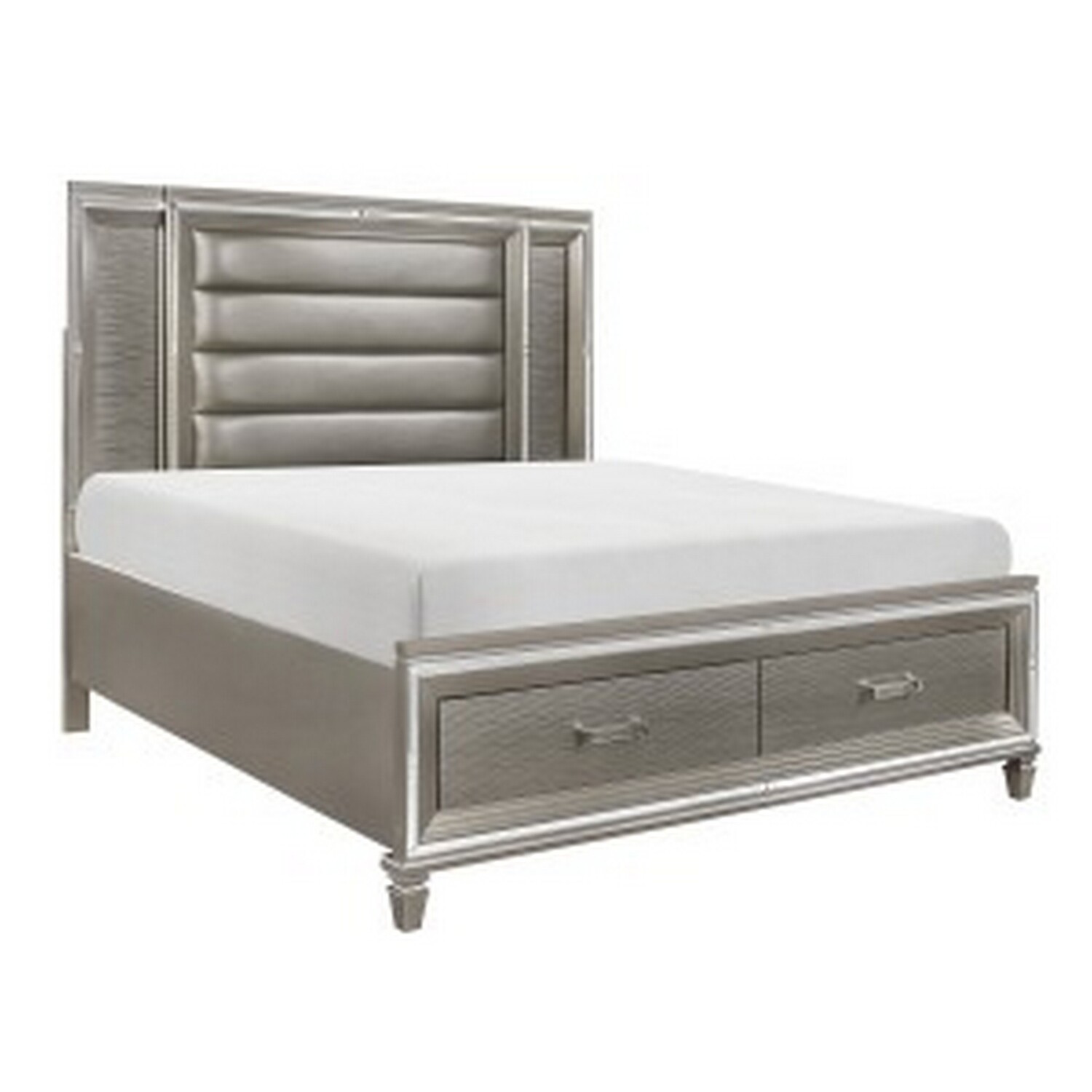 Benjara Delcy Queen Platform Bed, LED Headboard 2 Drawer Footboard, Mirrored Silver