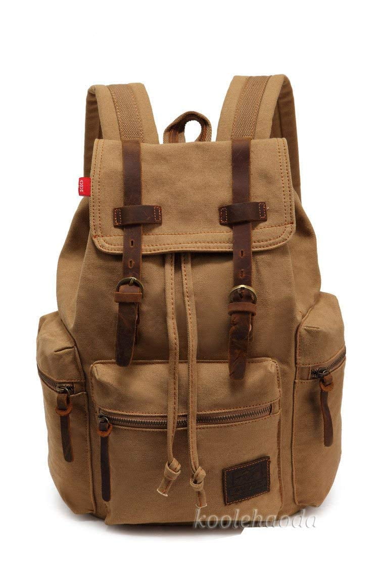koolehaoda Vintage Canvas Travel Laptop Backpack Leather Rucksack Knapsack Unisex Casual Backpack 20inch School Computer Bag Hiking Bag Gifts for Men & Women Khaki L