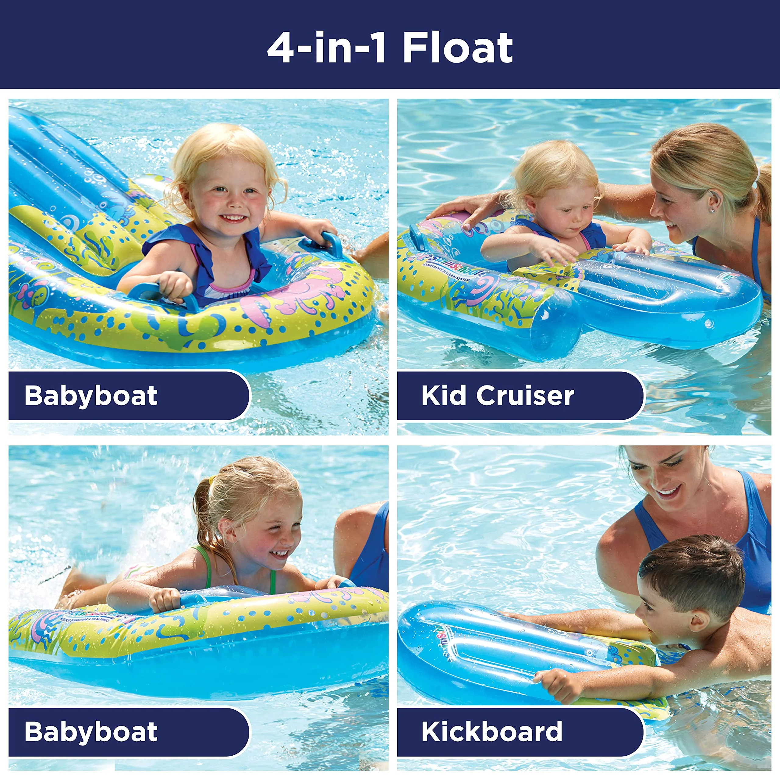 SwimSchool 4-in-1 Progressive Swim Training System, Baby Pool Float, Baby Boat, Cruiser, Kick Float, Kickboard, Safety Seat, 18 Months & Up Combo 4-in-1 Baby Boat, Cruiser, Kickboard
