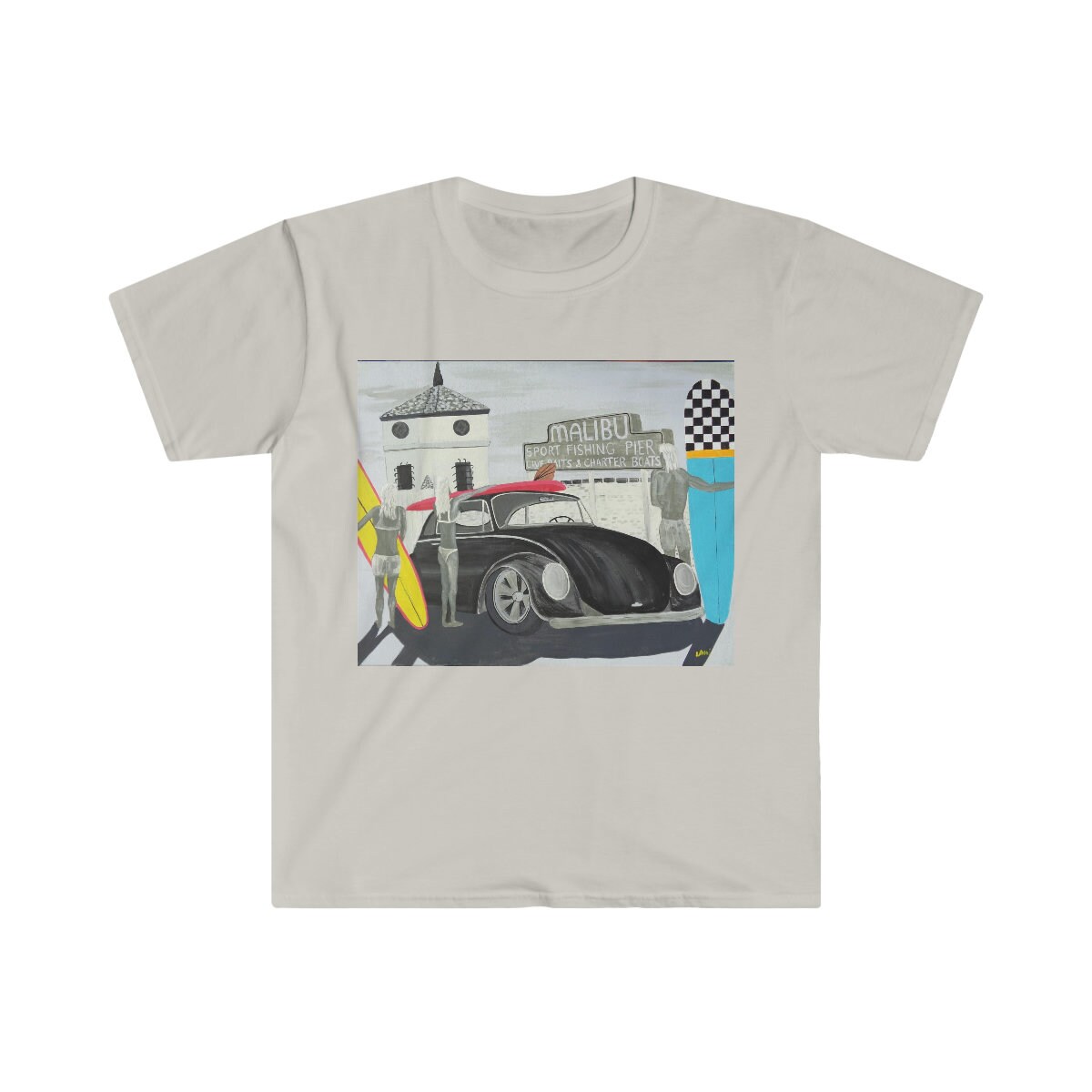 VW Bug at malibu pier Unisex Softstyle T-Shirt