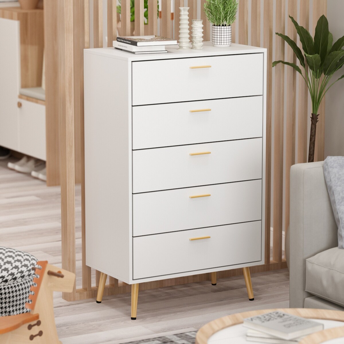 TQ 5 Drawer 27.4'' W Chest Dresser In White&Gold