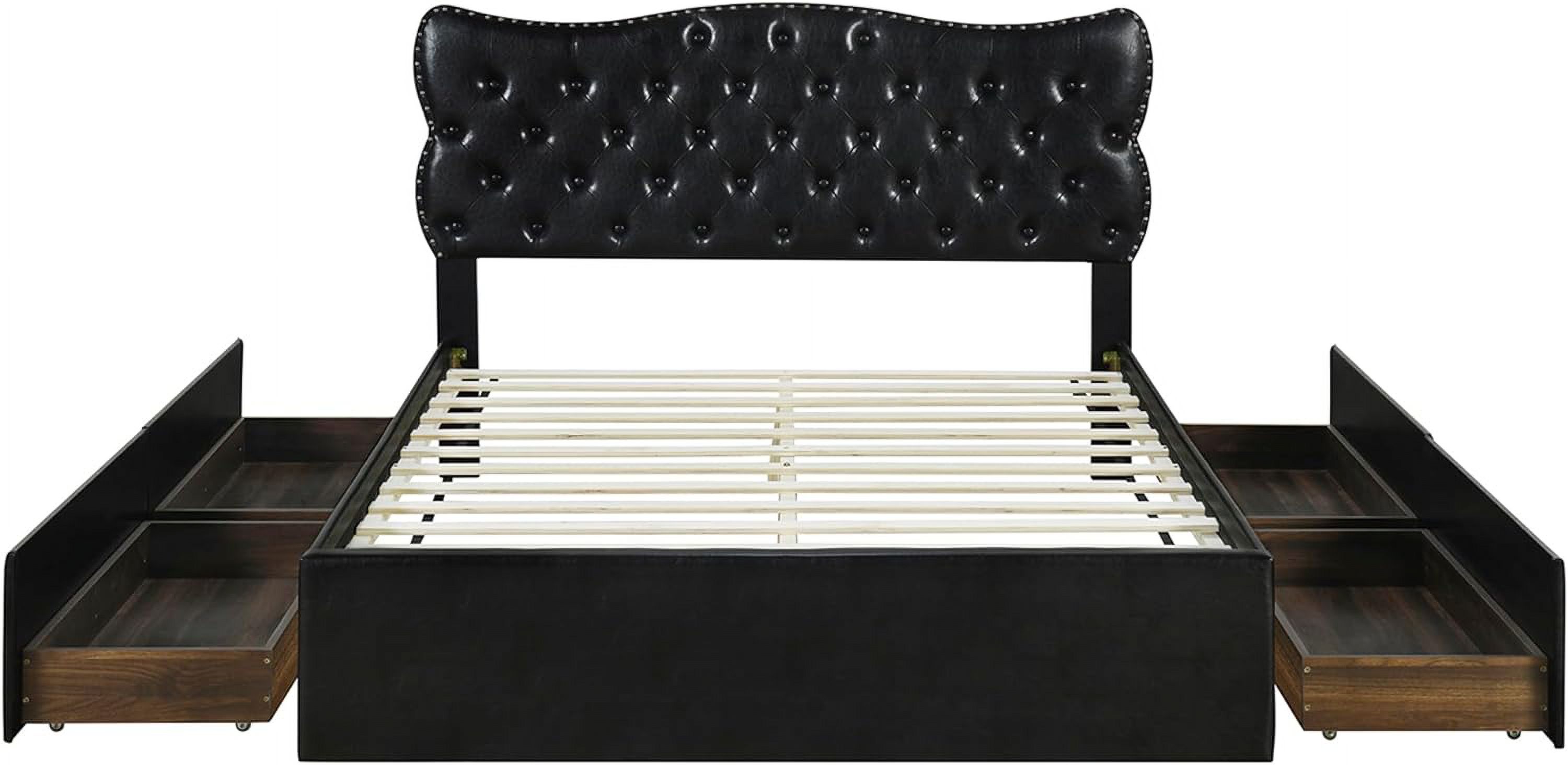 Modern Upholstered Platform Bed, Queen Size Bed Frame with 4 Storage Drawers, Leather Upholstered Platform Heavy Duty Bed with Wood Slat Support, No Box Spring Needed
