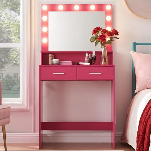 NLIBOOMLife Vanity Desk with Mirror and Lights  Dressing Table with Large Drawer  2 Level  Dresser & 3 Lighting Modes Adjustable Brightness  Suitable for Bedroom