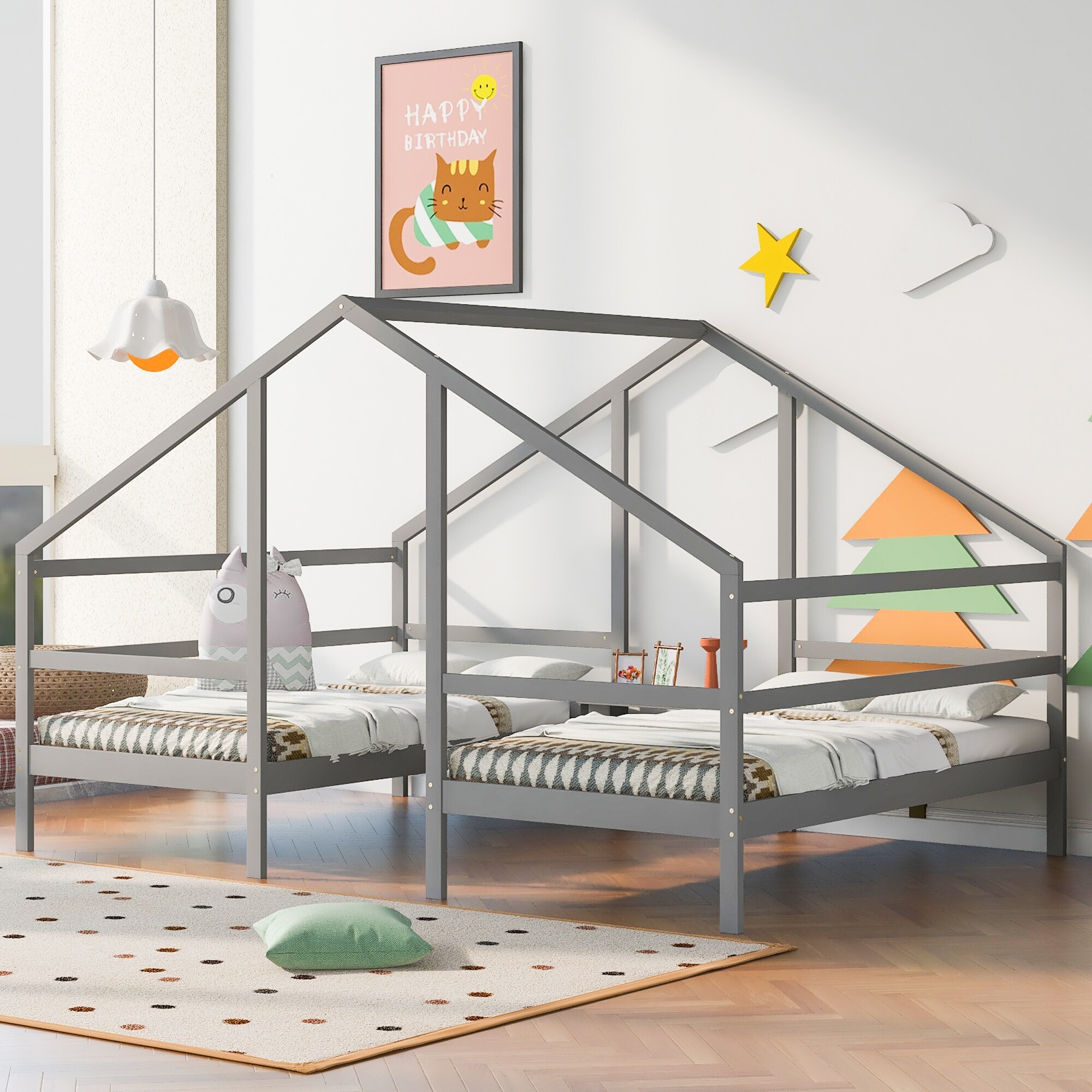 Nestfair  Twin Size Double Triangular House Beds with Built-in Table Grey