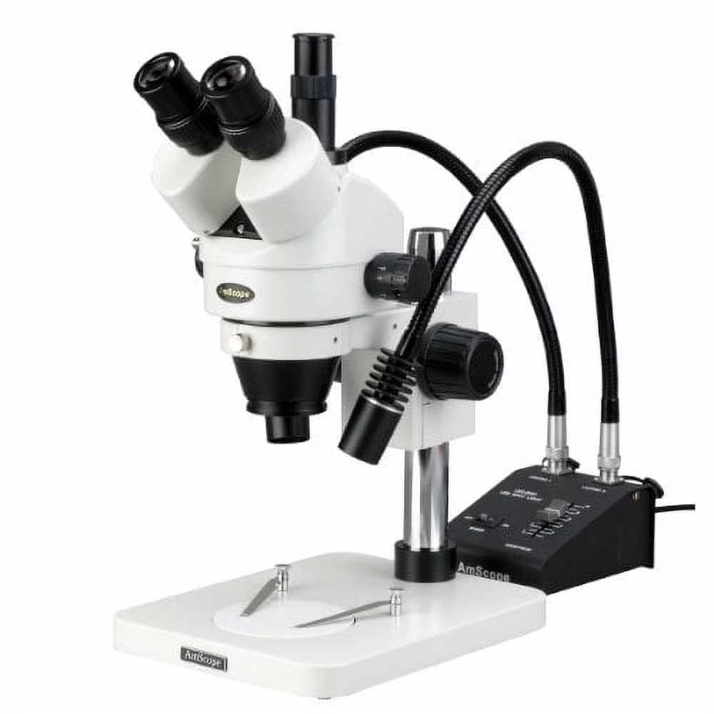 AmScope SM-1TSZZ-L6W Professional Trinocular Stereo Zoom Microscope, WH10x and WH20x Eyepieces, 3.5X-180X Magnification,
