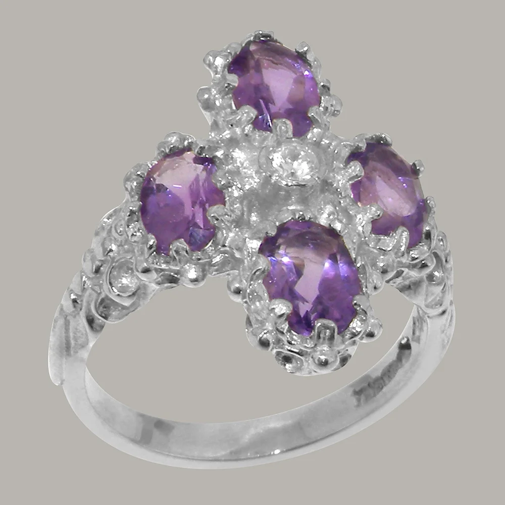 LBG British Made 9k White Gold Natural Diamond & Amethyst Womens Engagement Ring - 33 size options - Size 4.75