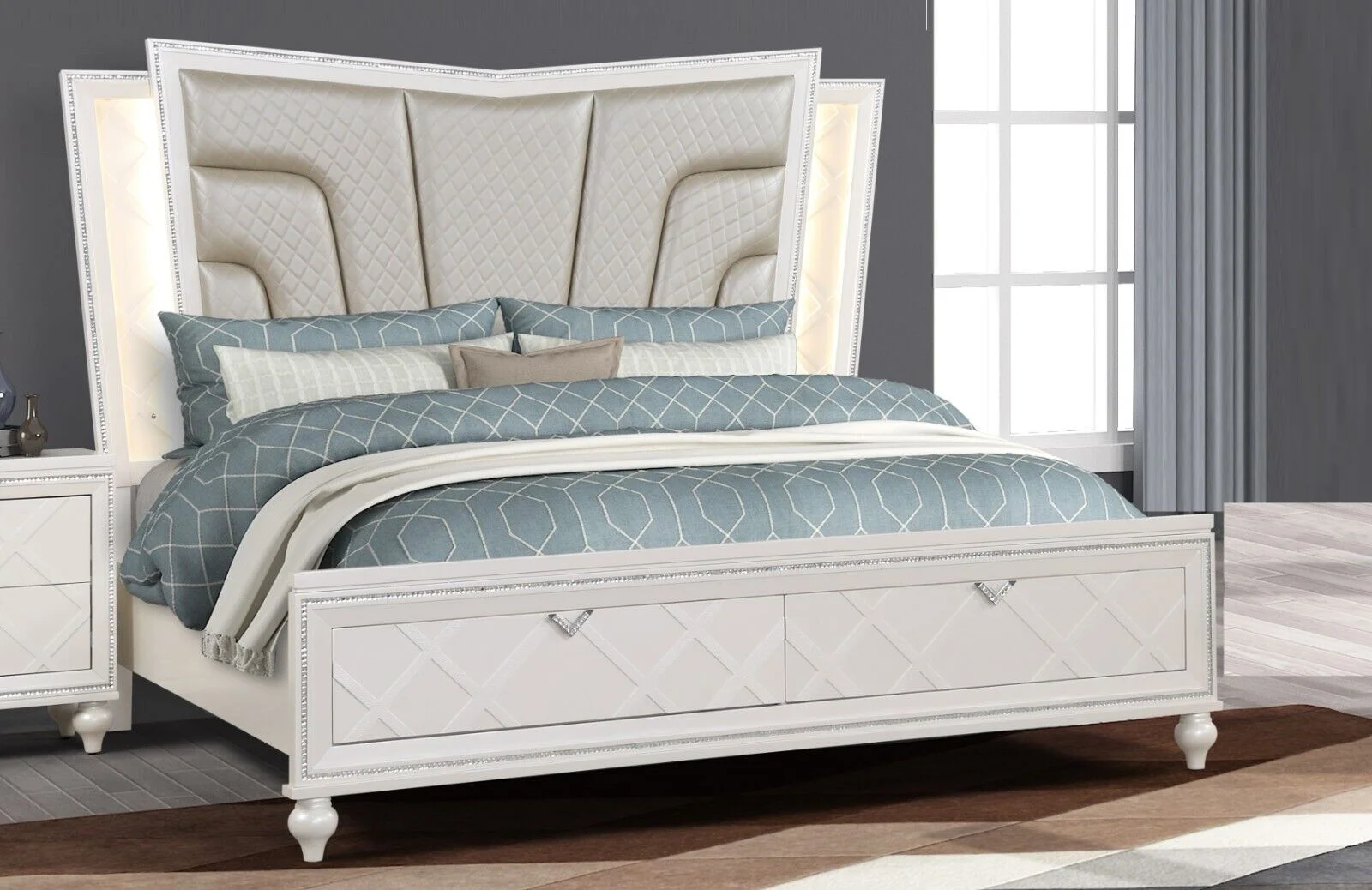 Modern 1pc Luxury Silver Queen Size Storage Drawers LED Headboard Bed Bedroom Furniture