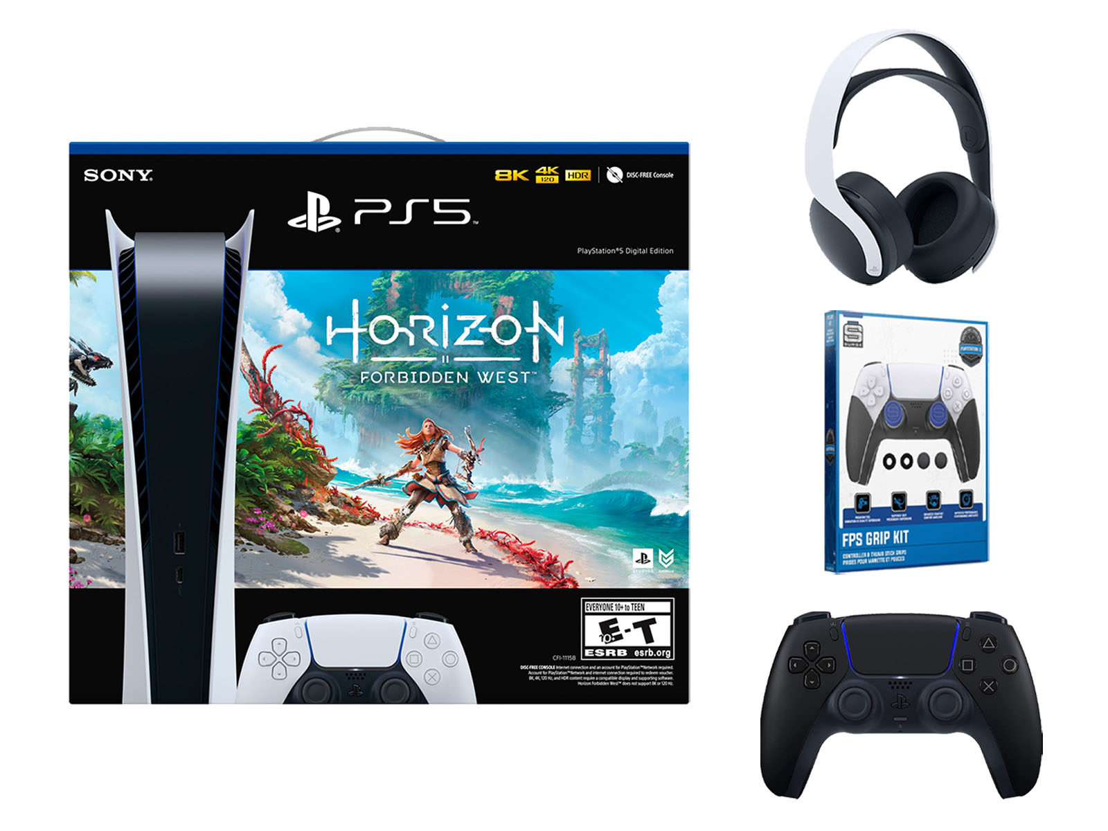 Sony Playstation 5 Digital Edition Horizon Forbidden West Bundle with Extra Black Controller, White PULSE 3D Wireless Headset and Surge FPS Grip Kit with Precision Aiming Rings