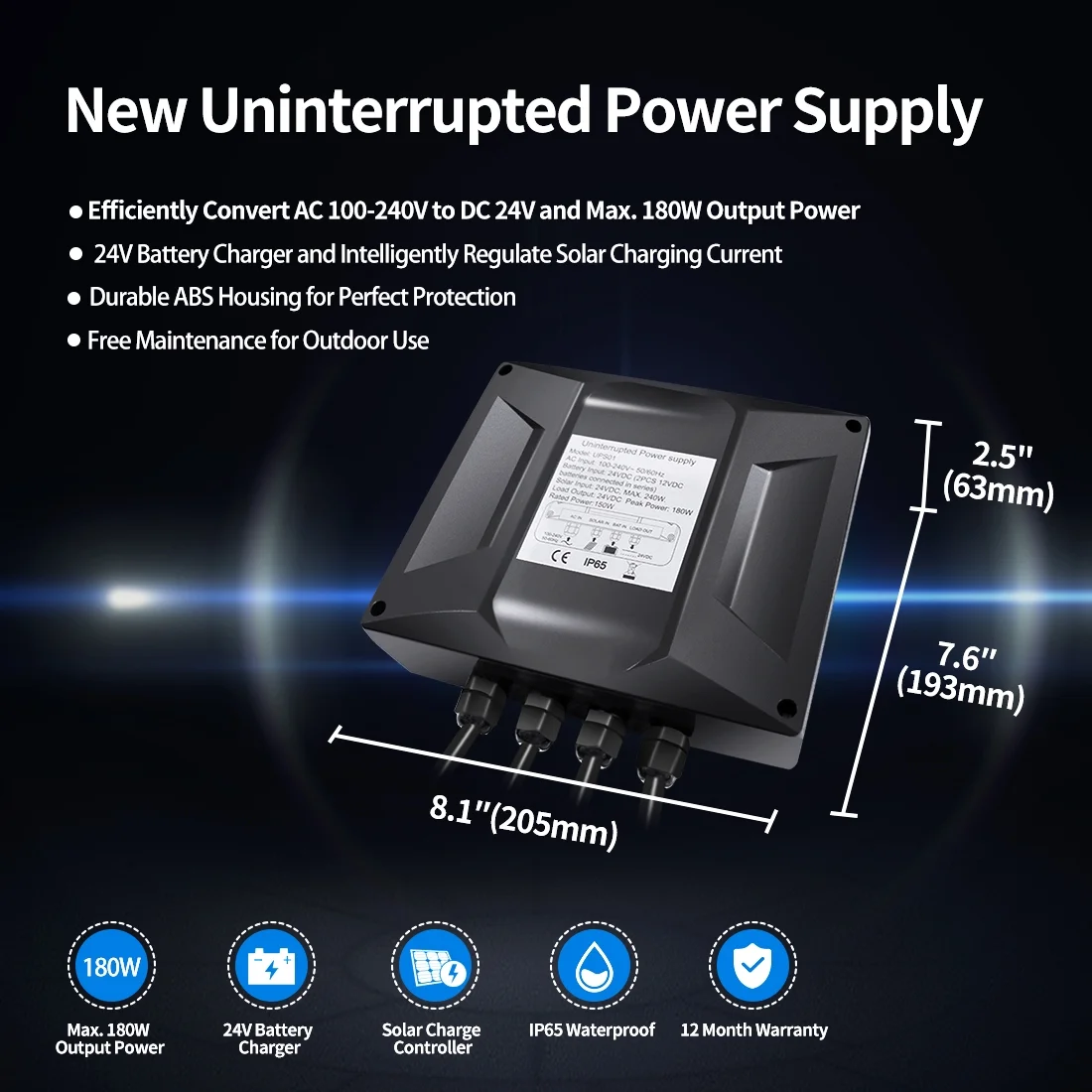 TOPENS UPS01 Uninterrupted Power Supply Adapter AC 100-240V to DC 24V 150W Transformer Waterproof Converter for Automatic Gate Openers CCTV Security Cameras, Used as Battery Charger Solar Controller