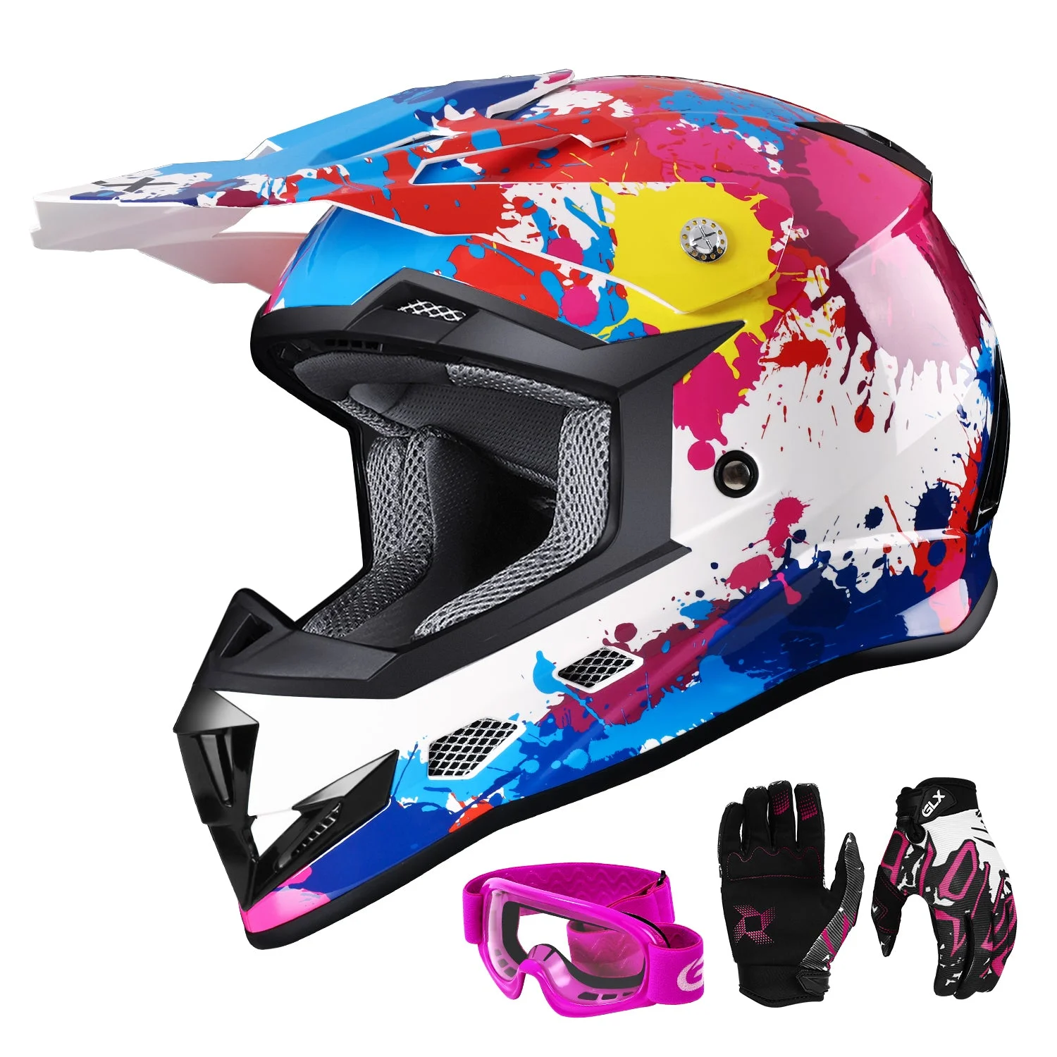 GLX GX623 DOT Kids Youth ATV Off-Road Dirt Bike Motocross Helmet Gear Combo Gloves Goggles for Boys & Girls (Graffiti, X-Large)