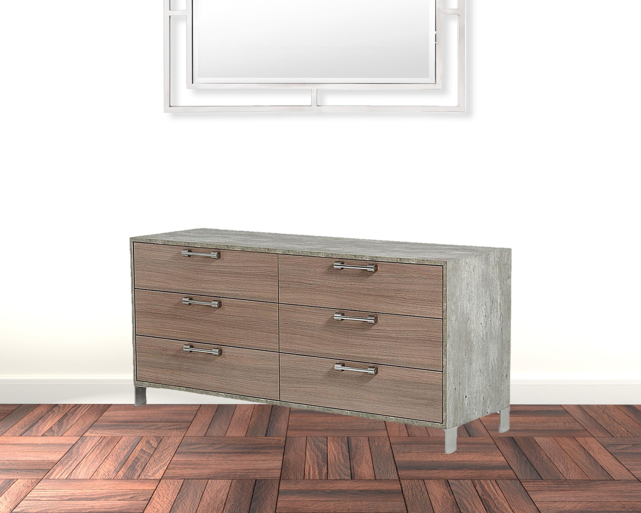 HomeRoots  30 x 64 x 20 in. Brown Oak Gray Solid & Manufactured Wood Six Drawers Standard Dresser