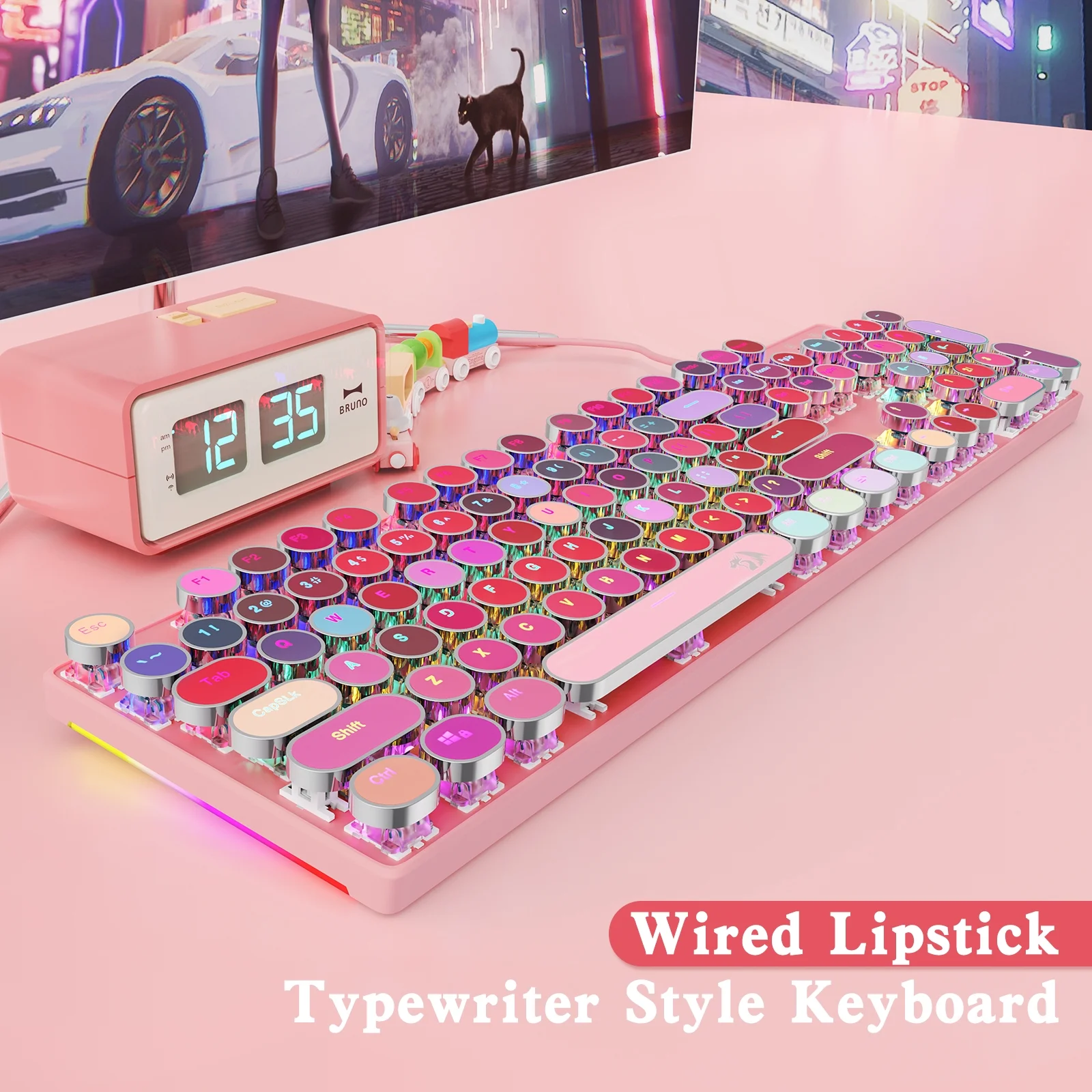 HUO JI Typewriter Mechanical Gaming Keyboard with RGB Side Lit and Rainbow Backlit, Retro Style, Red Switches, Lipstick 104 Keys for Mac, PC, Cute Pink