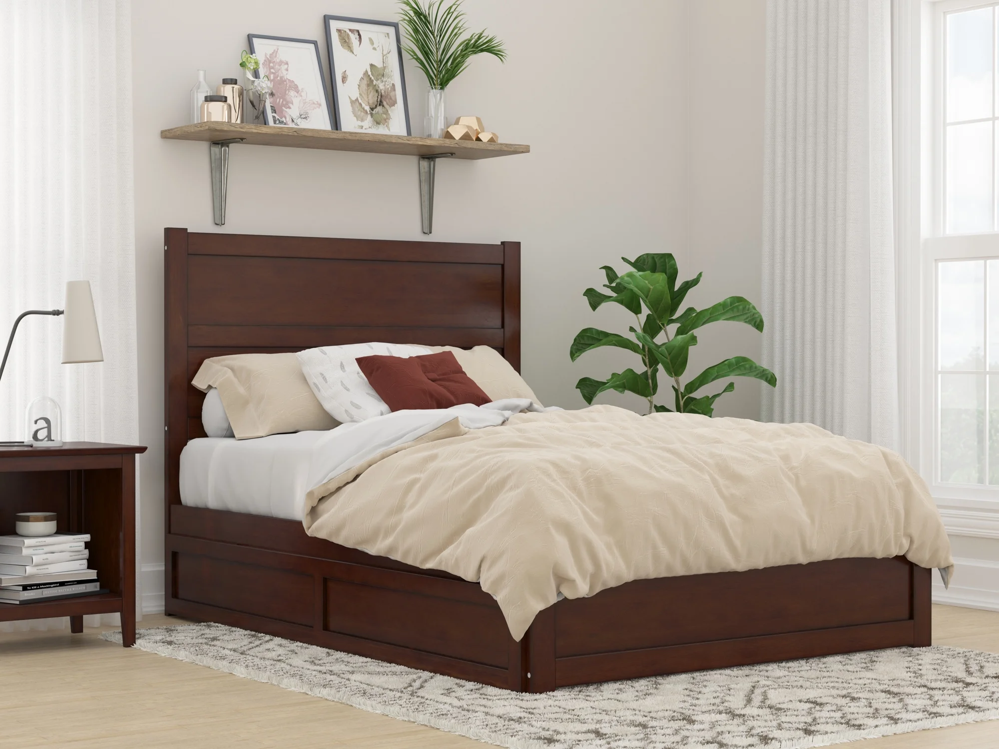 AFI NoHo Full Wood Platform Bed with Headboard Footboard & Twin Trundle, Walnut