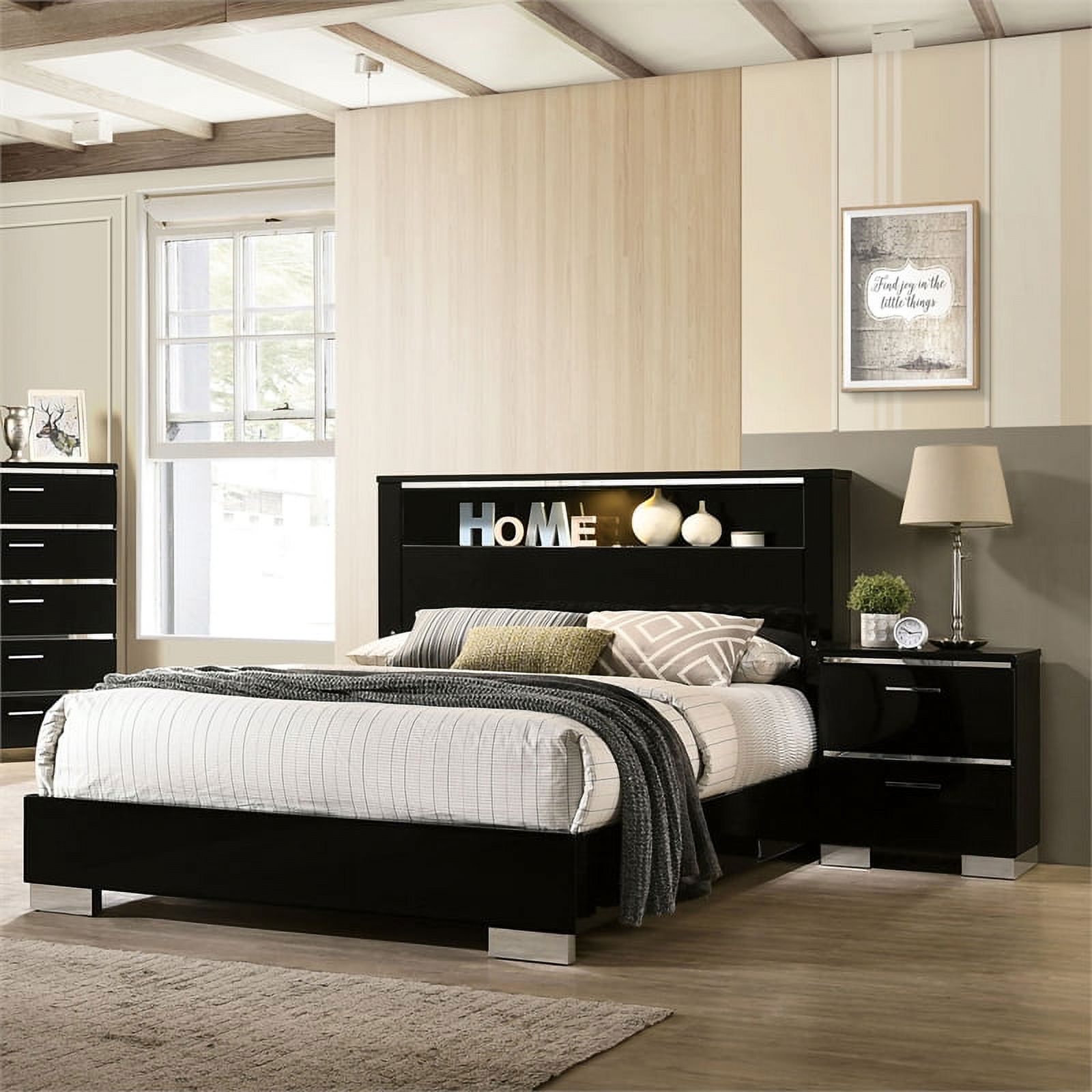 FOA Ryant Contemporary 2-Piece Black Wood Bedroom Set - Queen + Nightstand