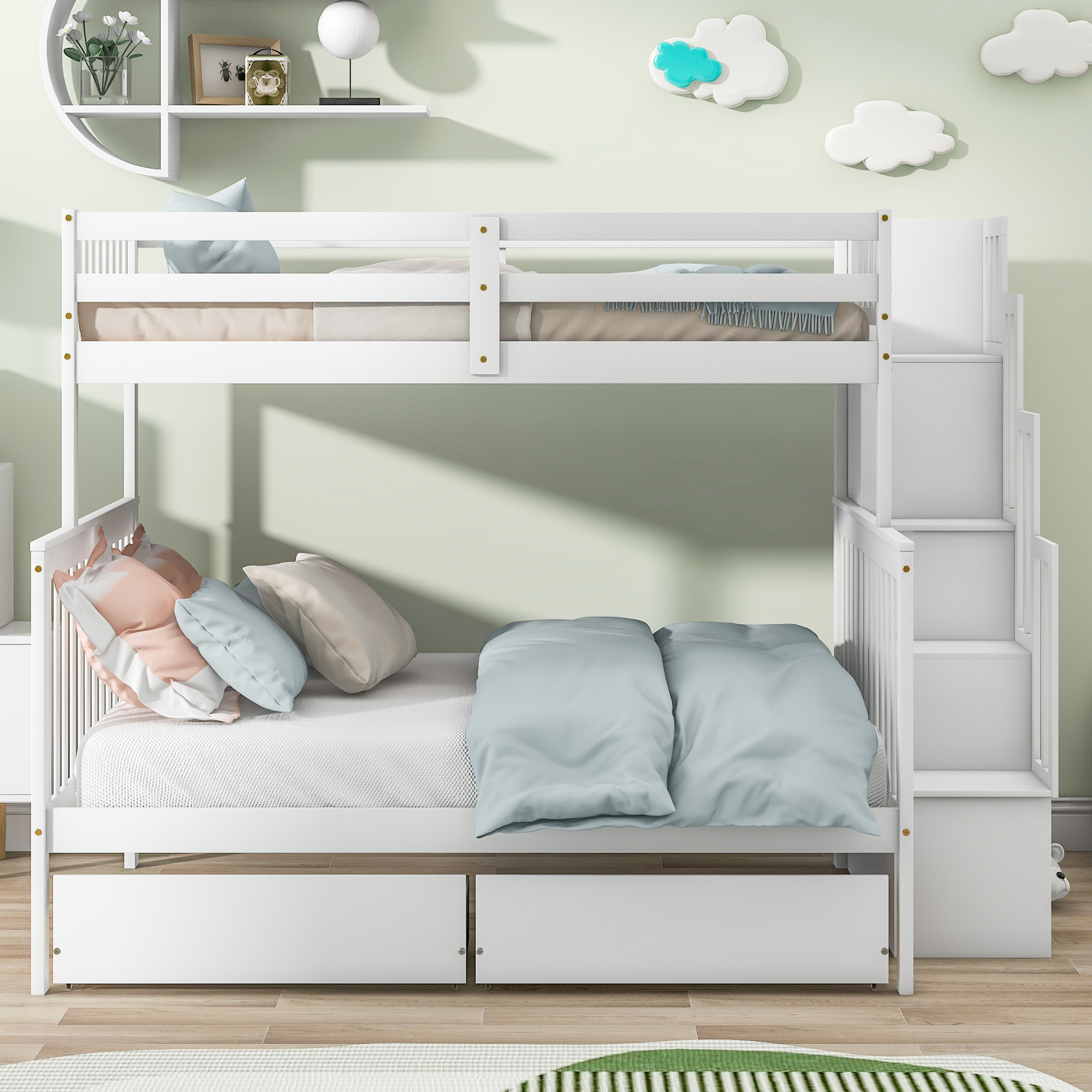 Euroco Solid Wood Twin over Full Bunk Bed with Storage Drawers & Stairway for Kids Room, White