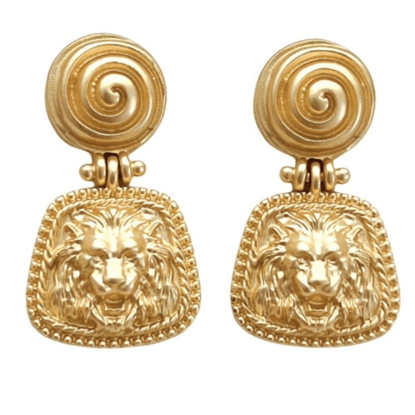 Lion Head Door Knocker Earrings Matte Gold Tone Vtg Pierced Post Dangle Drop