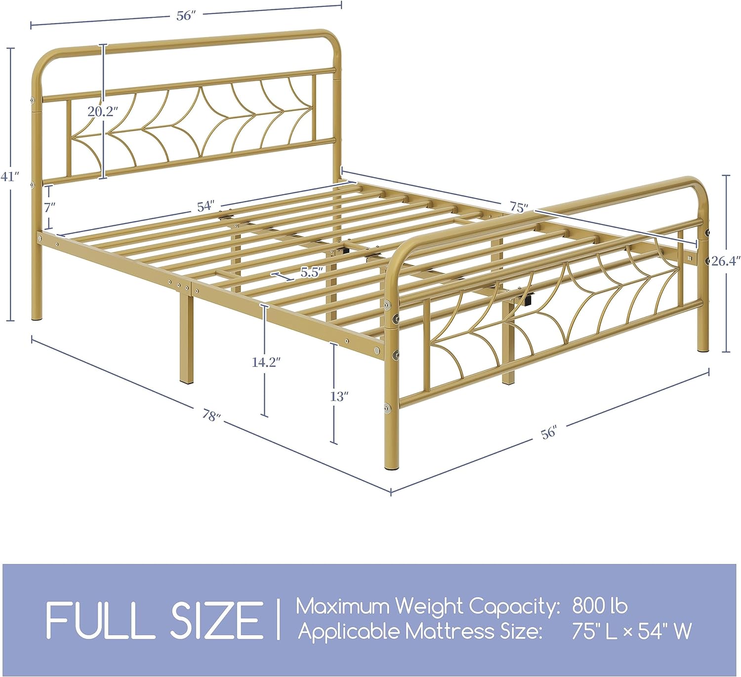 Full Size Bed Frame Metal Platform Bed with Sparkling Star-Inspired Design Headboard, 13 Inch Underbed Storage, Easy Assembly, Antique Gold