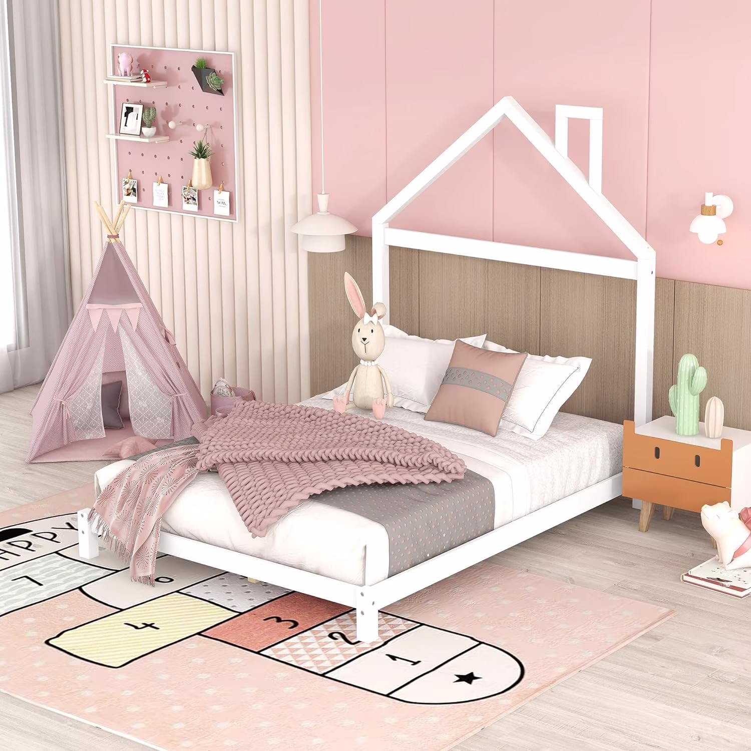 Full Bed Frame For Kids, Wood Plaform Bed Wih House Shape Headboard, Low Full Size Bed For Girls Boys, o Box Sprig eeded, Whie