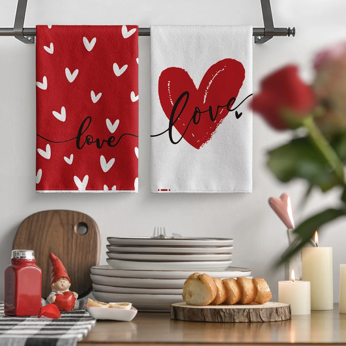Artoid Mode Red Heart Love You Valentine Kitchen Dish Towels Set of 4, 18 x 26 Inch