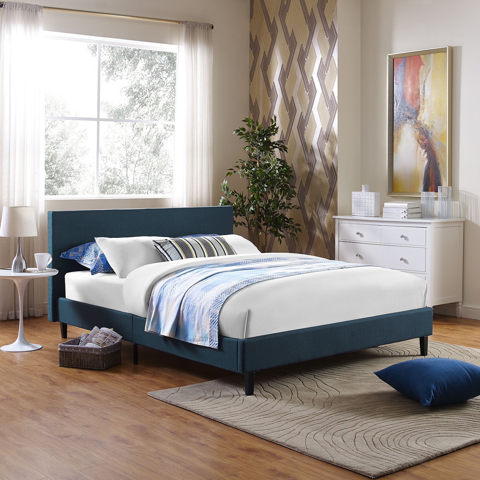 Modern Contemporary Urban Design Bedroom Queen Size Platform Bed Frame, Navy Blue, Fabric Wood