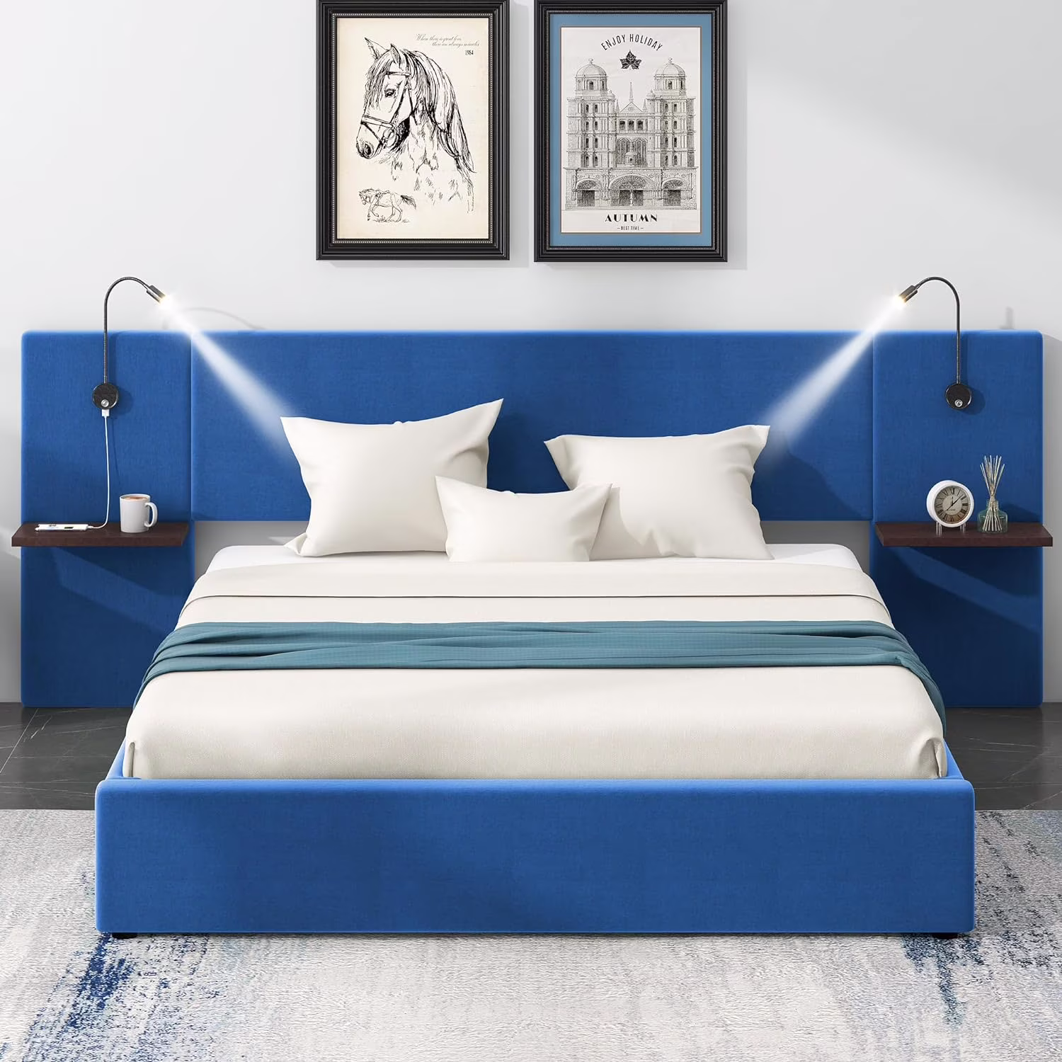Modern Upholstered Platform Bed, Full Size Storage Upholstered Hydraulic Platform Bed with 2 Shelves, 2 Lights and USB, for Kids Teens (Blue, Full)
