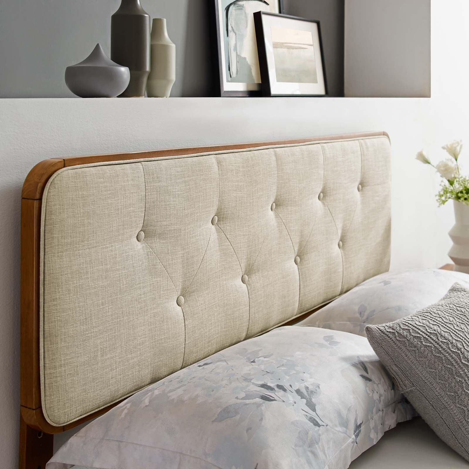 Tufted Headboard, Twin Size, Wood, Fabric, Brown Walnut Beige, Modern Contemporary Urban Design, Bedroom Master Guest Suite