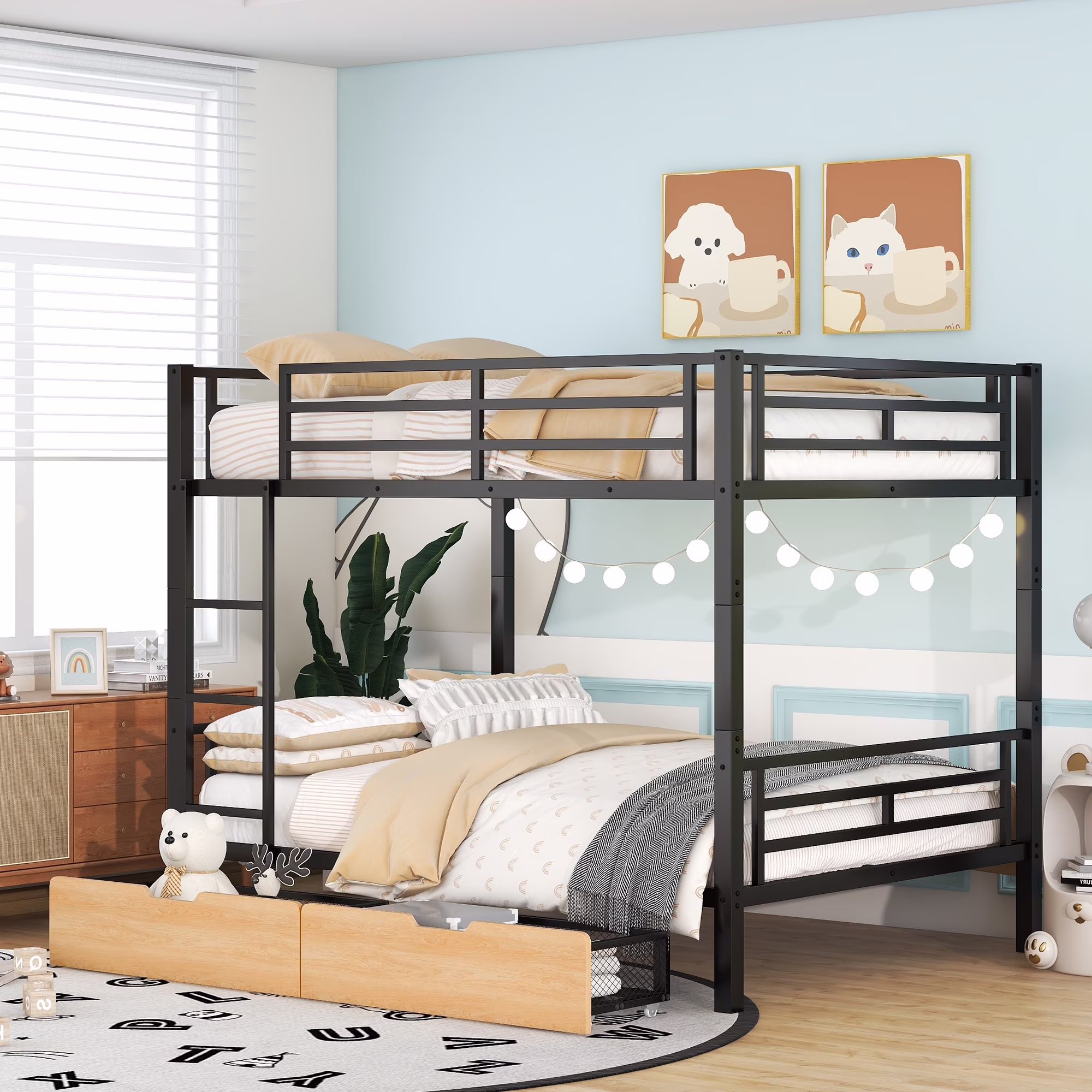 Nestfair Black Full Size Metal Convertible Bunk Bed with 2 Drawers