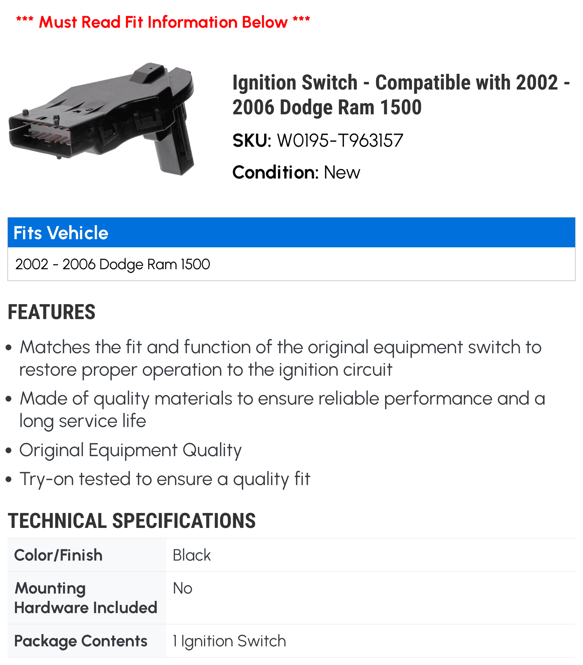 Ignition Switch - Compatible with 2002 - 2006 Dodge Ram 1500 2003 2004 2005