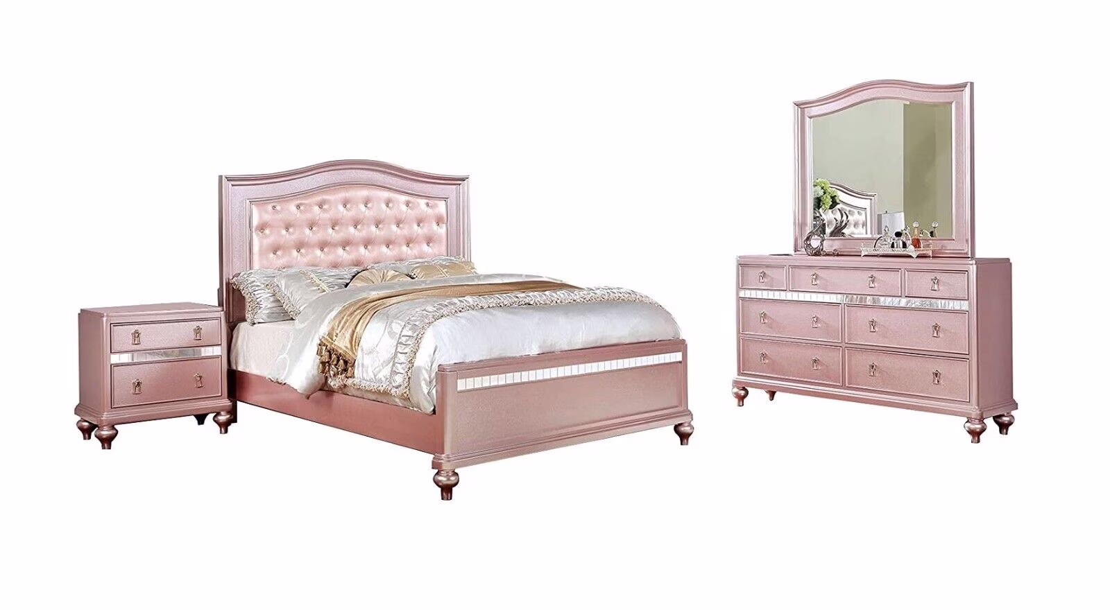 Contemporary Rose Gold Twin Size Bed Dresser Mirror Nightstand 4pc Set Padded Headboard Tufted Bedroom Furniture Solid wood