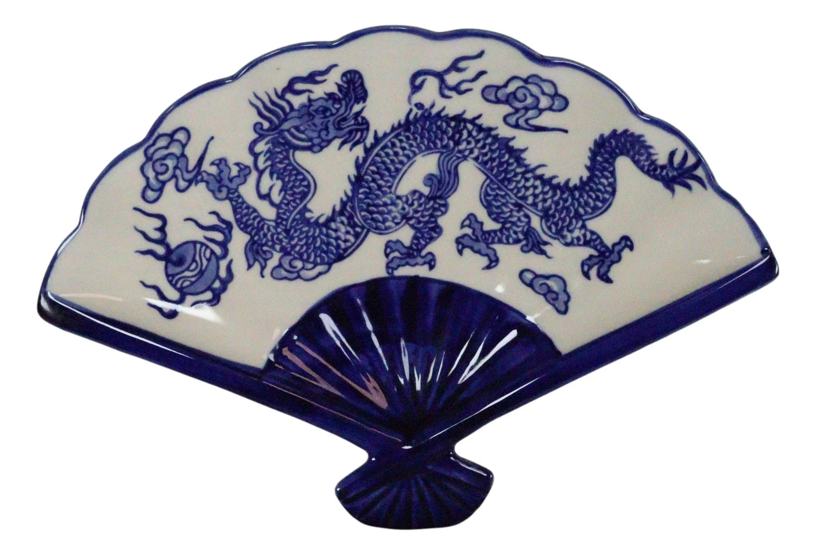 Ebros Set Of 4 Blue And White Dragon King Oriental Fan Shaped Sushi Plates