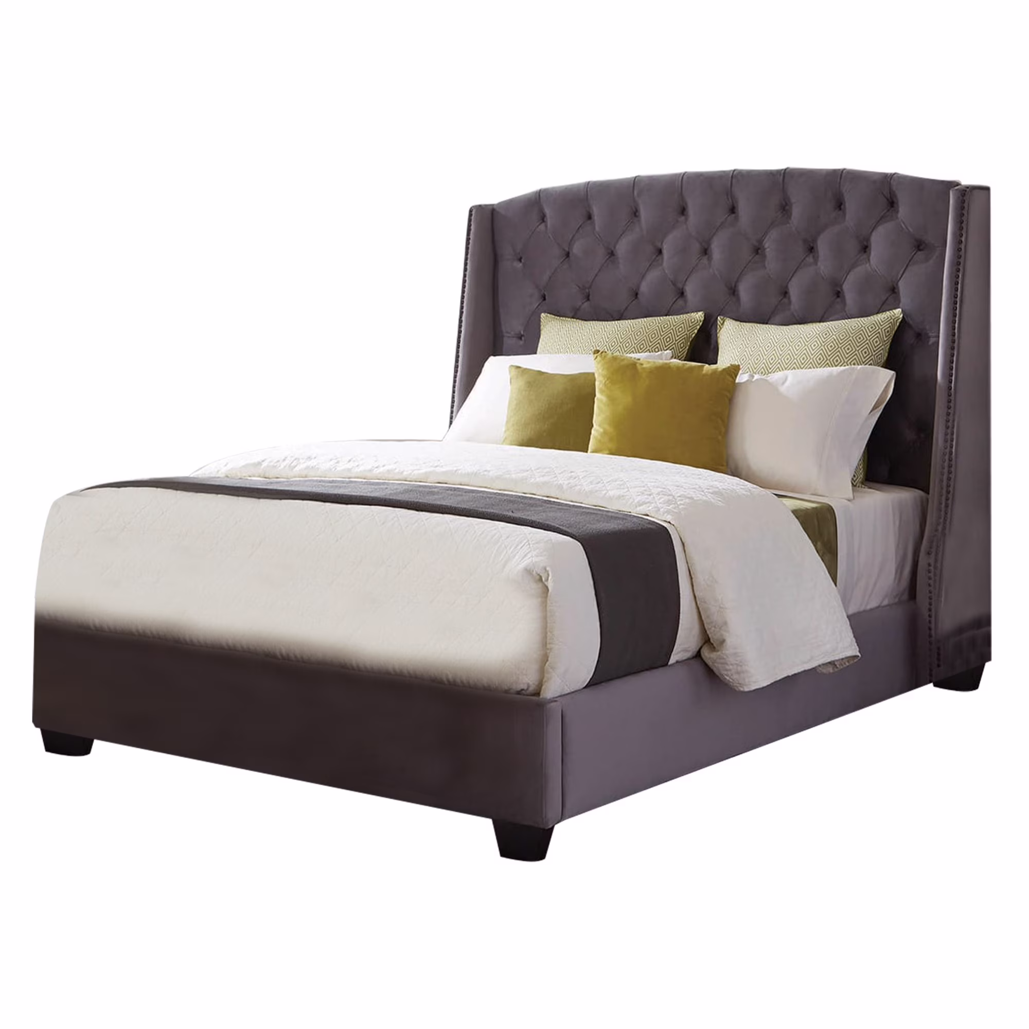 Fabric Upholstered Wooden Queen Size Bed with Winged Headboard, Gray