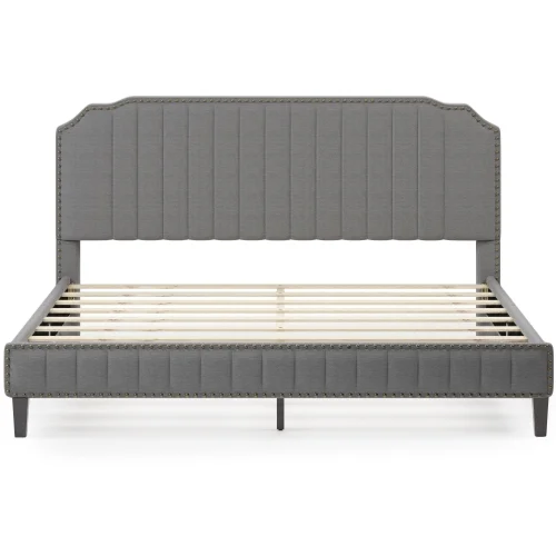 King Upholstered Platform Bed with Headboard, Modern Linen Curved Upholstered Platform Bed with Nailhead Trim for Kids,Gray