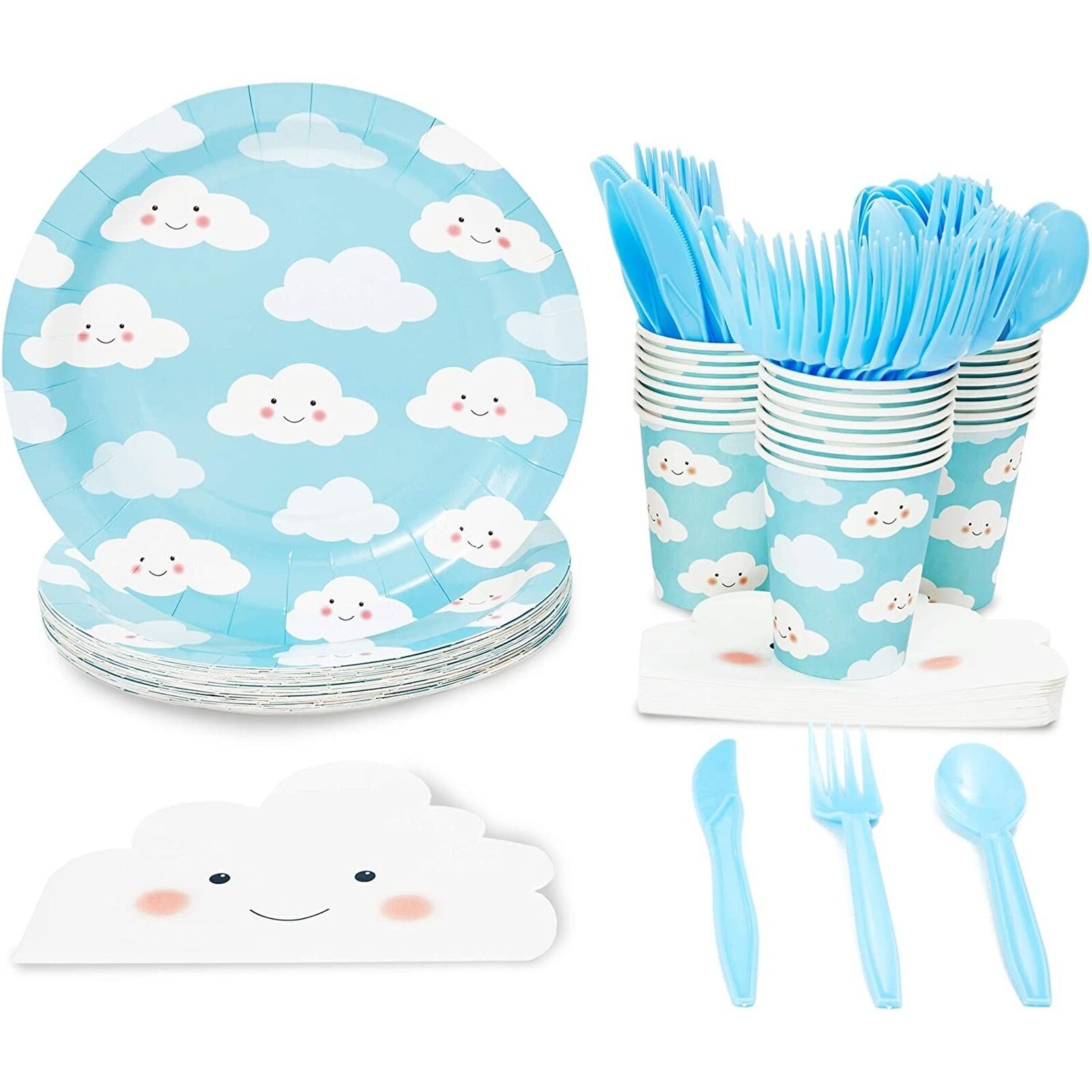 Disposable Dinnerware Set - Serves 24 - Cute Clouds Design, Kids Birthday Party