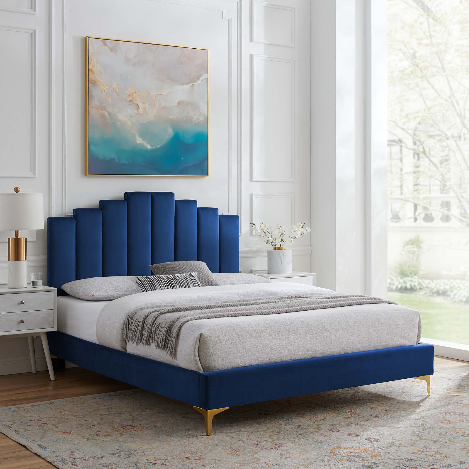 Modway Elise King Performance Velvet Platform Bed in Navy