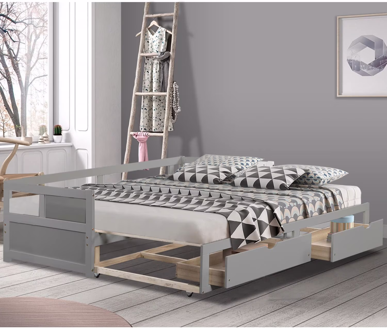 Superjoe Extendable Daybed with Trundle and 2 Storage Drawers, Twin to King Daybed with Wood Roll Out Bed Frame, Teens Adults Dual-use Sturdy Sofa Bed for Bedroom Living Room (Gray)