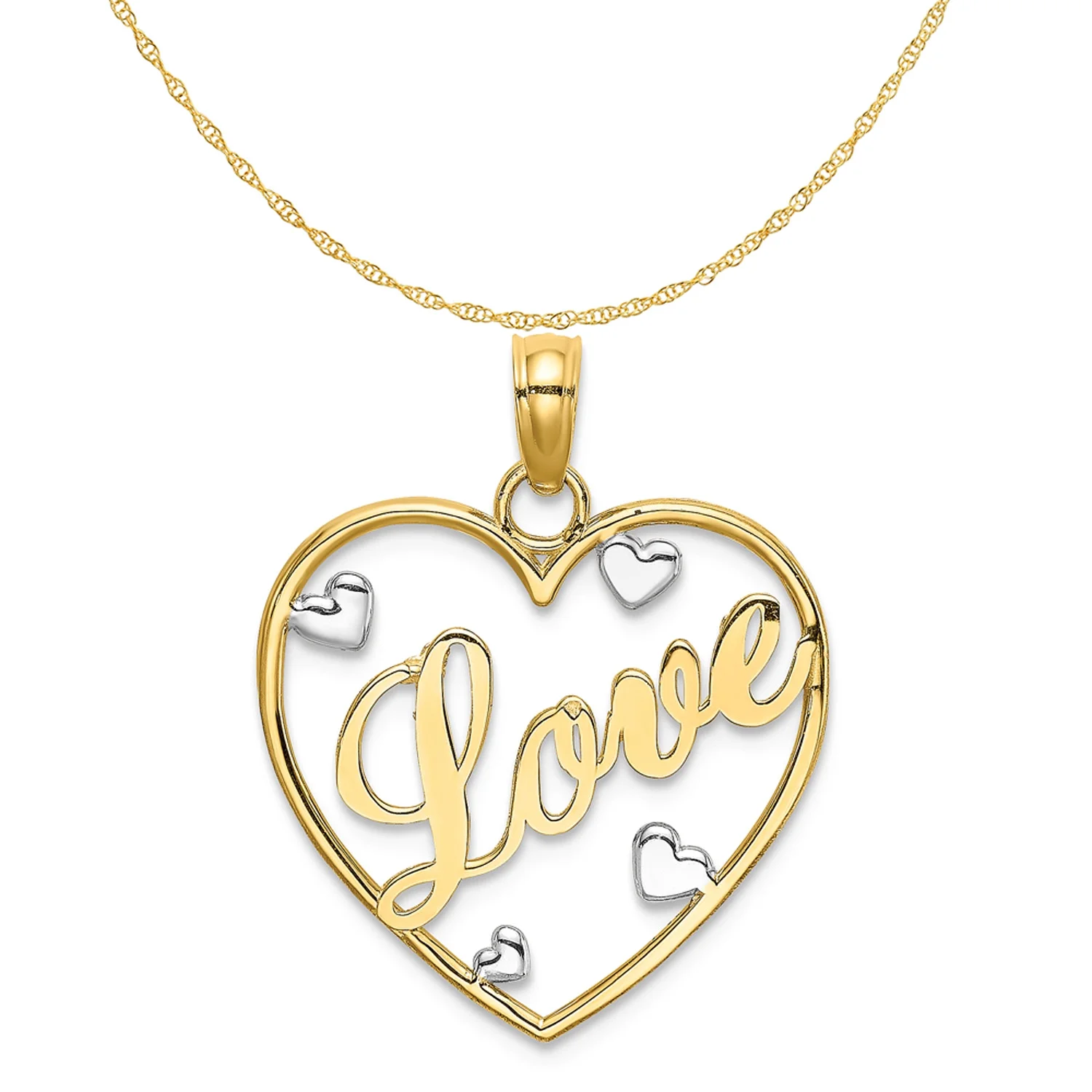 14K Two-Tone Gold Rhodium Plated Love With Hearts Pendant (21.5 mm x 17.75 mm) With 10K Yellow Gold Lightweight Rope Chain 16