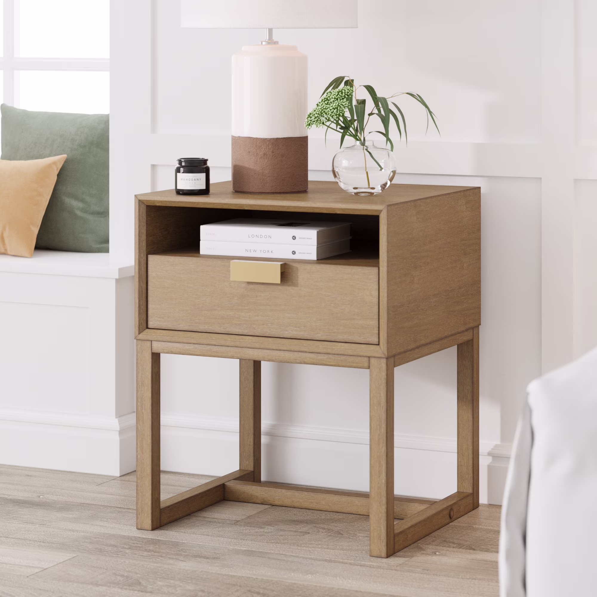 Nathan James Luke Light Brown Wood Nightstand Bed Side Table, Side Sofa End Table with Storage Drawer and Cubby